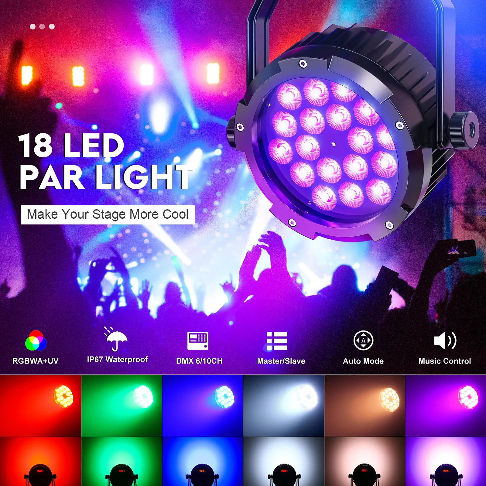 

Stage 6 in 1 UV Light RGBW Stage Effect Par Light IP67 Waterproof Flat Par Light Strobe Beam Wash Light for Outdoor Show Concert