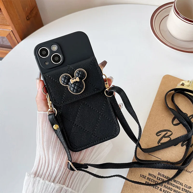 Cartoon Diamond Leather Wallet Soft Case with Lanyard Cover
