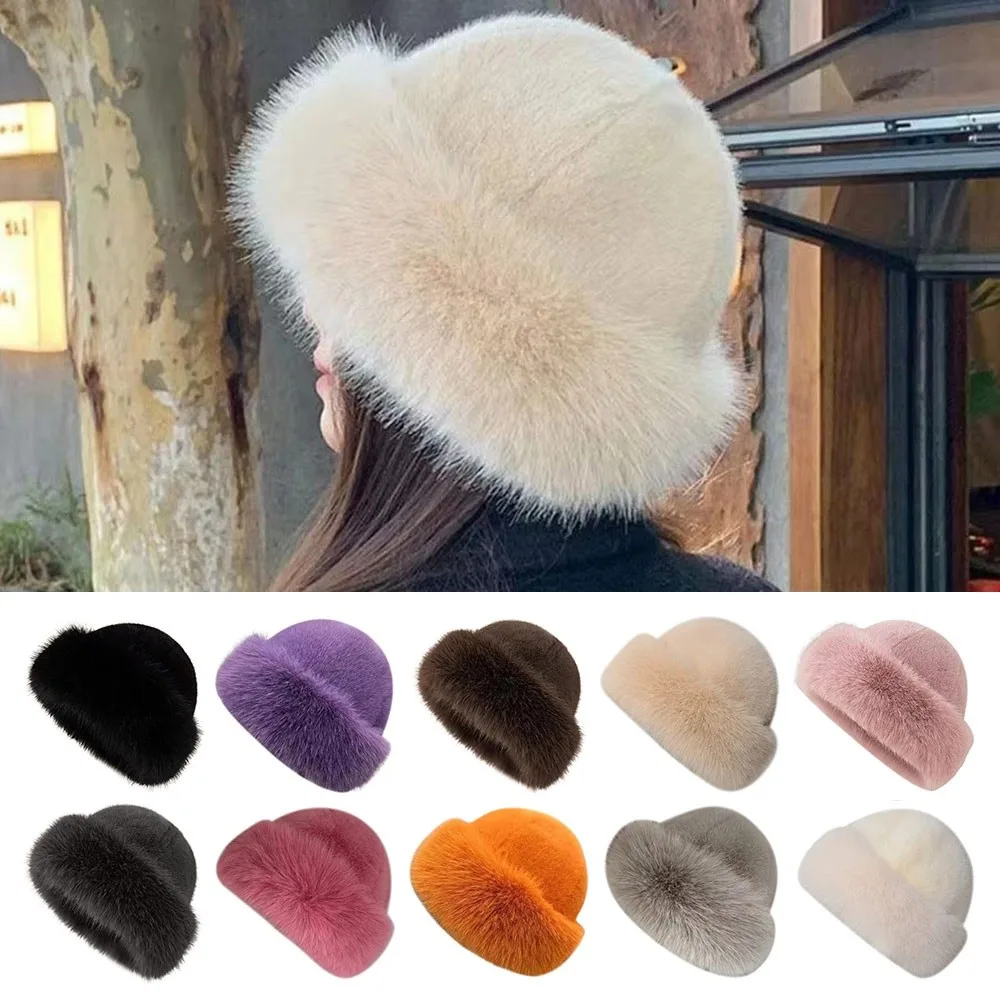 Fashion Headwear Fluffy Fur Winter Hat Solid Color Thicken Bucket Hat Cold Windproof Panama Cap Chrismas Gifts