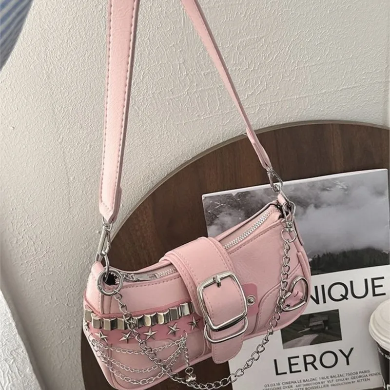 JIAERDI Harajuku Sweet Cool Pink Y2k Bag For Women High Street Chain Underarm Bag Summer Fairy Core Aesthetic Handbag 2025 New