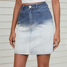 

Vintage Denim A Line Skirt Women 2022 Spring New Distressed Mid Waist Jean Skirt Female Fashion Black White Gradient Short Skirt