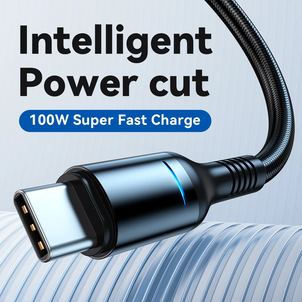 USB-C 100W 6A 고속 충전 케이블(스마트 자동 전원 끄기 LED 디스플레이 포함) 나일론 편조 코드 충전기 USB-C형 고속 데이터
