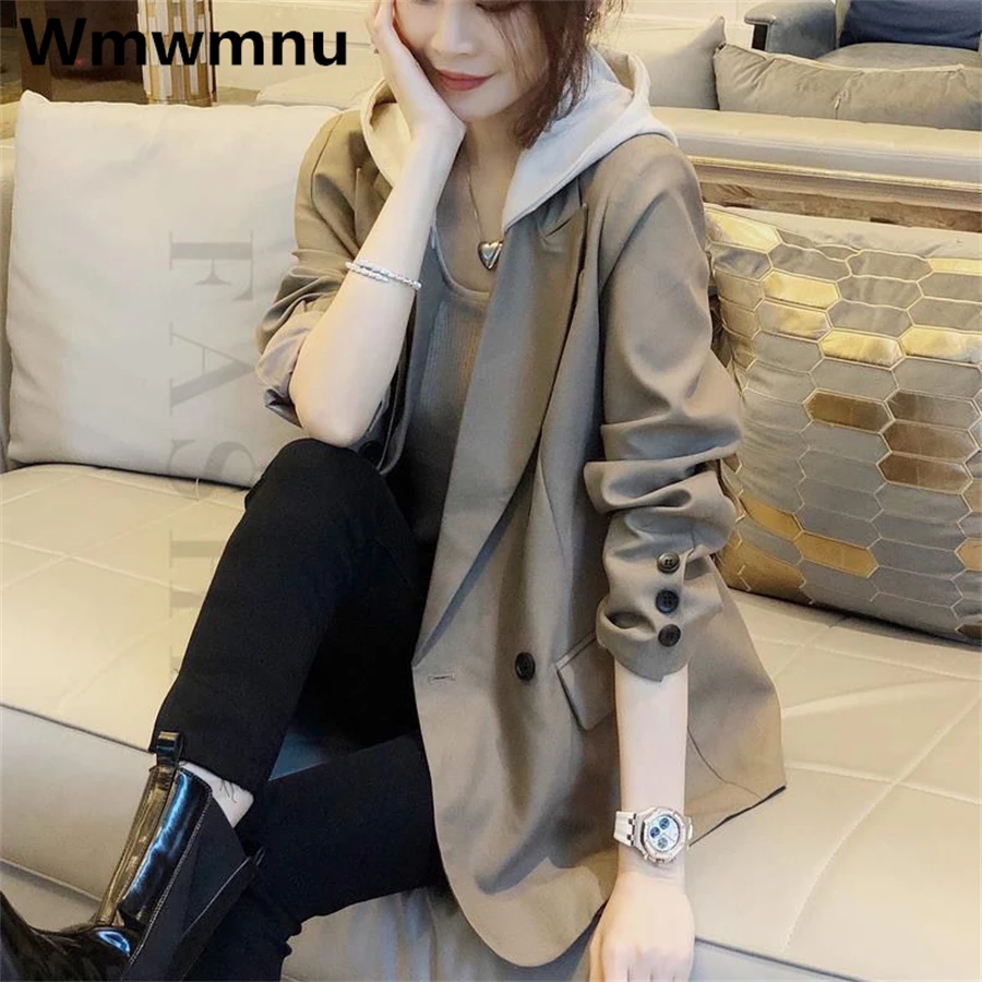 

Korean Hooded Patchwork Office Blazer Coat Casual Loose Suit Jackets Spring Fall Formal Lady Work Wear Elegant Chic 2023 Outwear