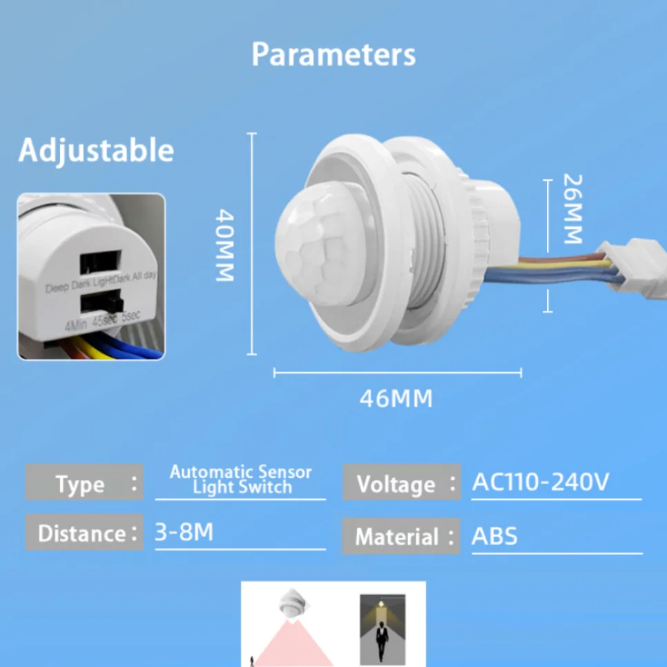 Joli de détecteur de mouvement infrarouge LDHLM, interrupteur intelligent, LED, marche et arrêt automatiques avec réglage, capteur PIR, 110V, 220V