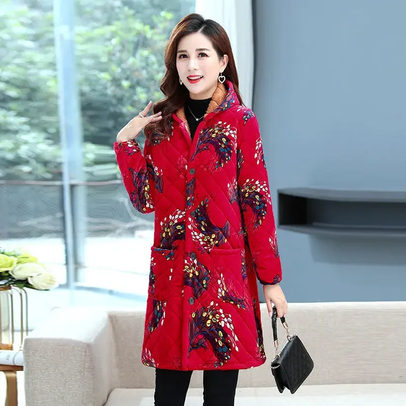 Winter Women's Clothing Mid-length Cotton Coat Korean Fashion Fleece Thickened Cotton Clothing Plus Size Printing Keep Warm