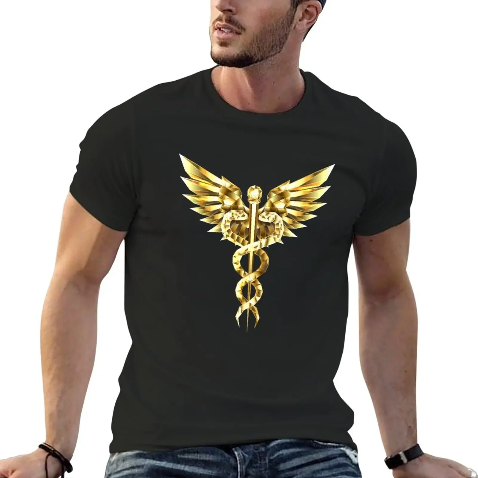 

Gold Polygonal Symbol Caduceus T-Shirt summer top animal prinfor boys mens graphic t-shirts hip hop