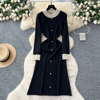 YuooMuoo Brand Fashion 2025 Autumn Winter Women Knitted Long Dress Luxury Pearls O-neck A-line Sweater Dress Office Lady Vestido 1