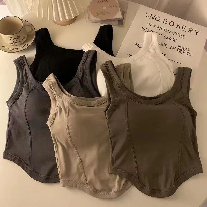 

Women Solid Tank Tops With Bra Pad Sports Crop Tops Knit Irregular Hem Camis Tops For Women