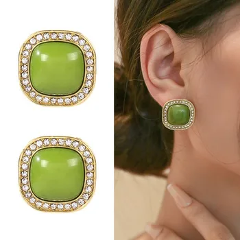 925 Silver Needle Korean Fashion Crystal Green Earrings For Women Jewelry 2025 Trending New Cool Vintage Women's Stud Earrings