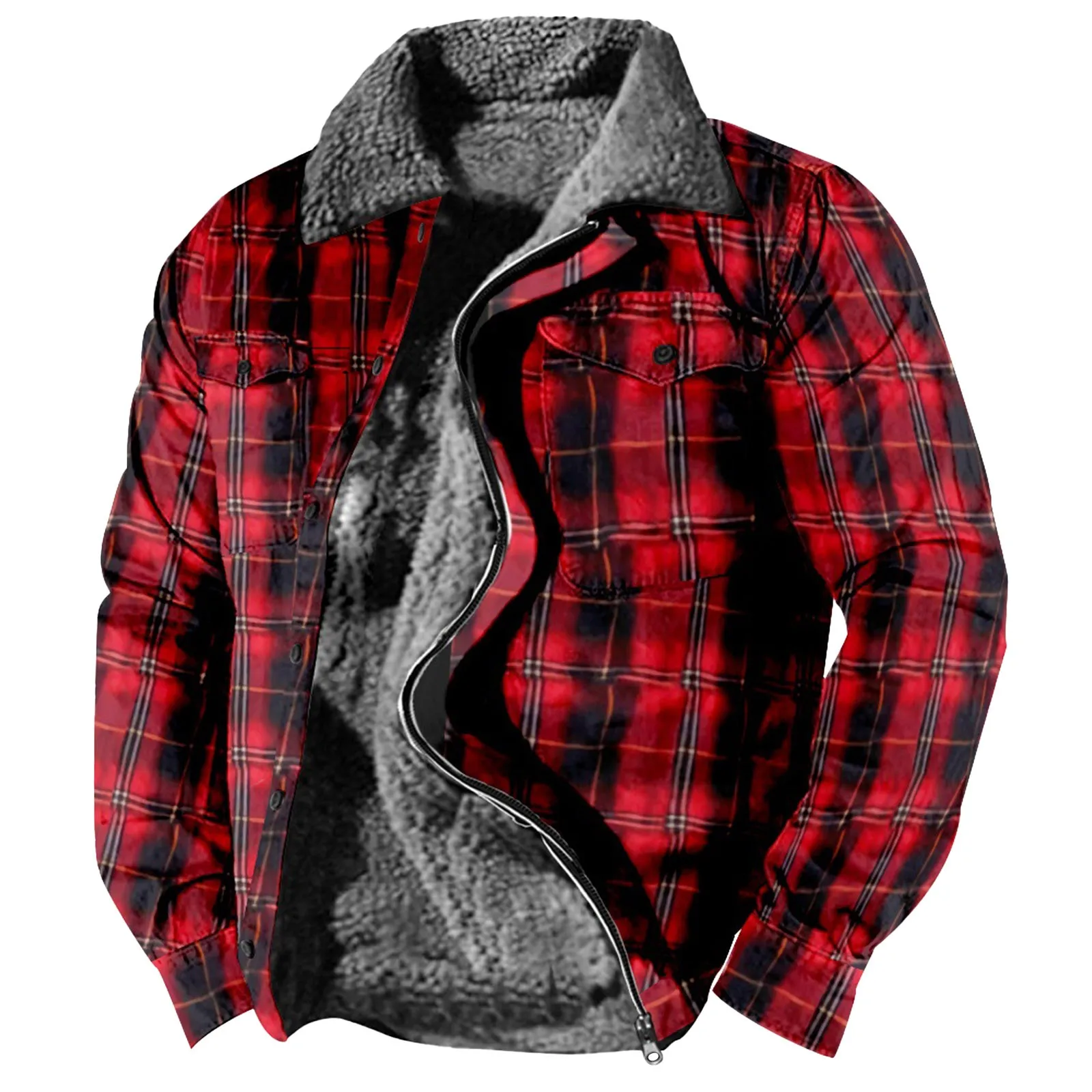 

2023 Winter Men'S Plaid Shirt Lapel Jacket Fleece Lined Flannel Shirt Sherpa Button Jacket Men'S Pocket Western Style Jacket