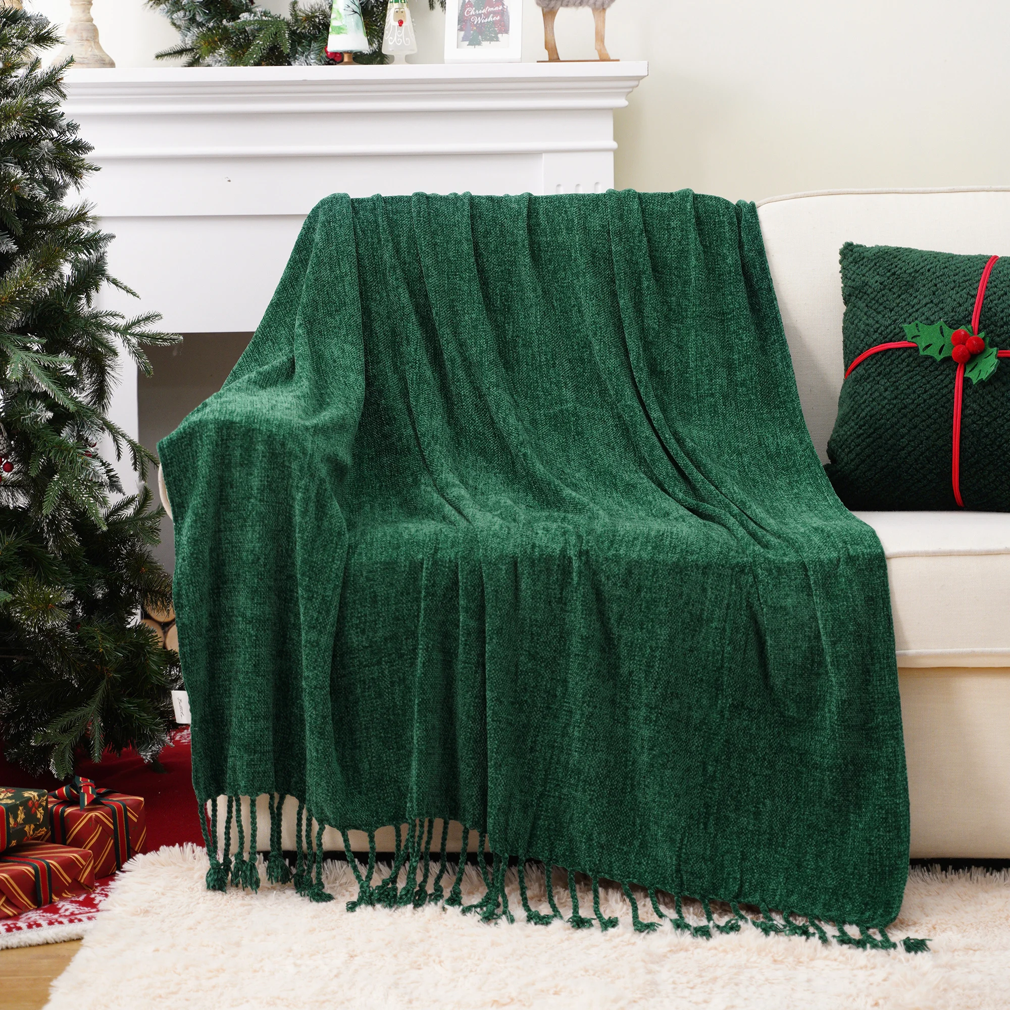 Battilo Chenille Throw Blanket With Fringe Tassels Decorative Lightweight Sofa Blanket Soft Cozy Knit Throws for Spring Decor