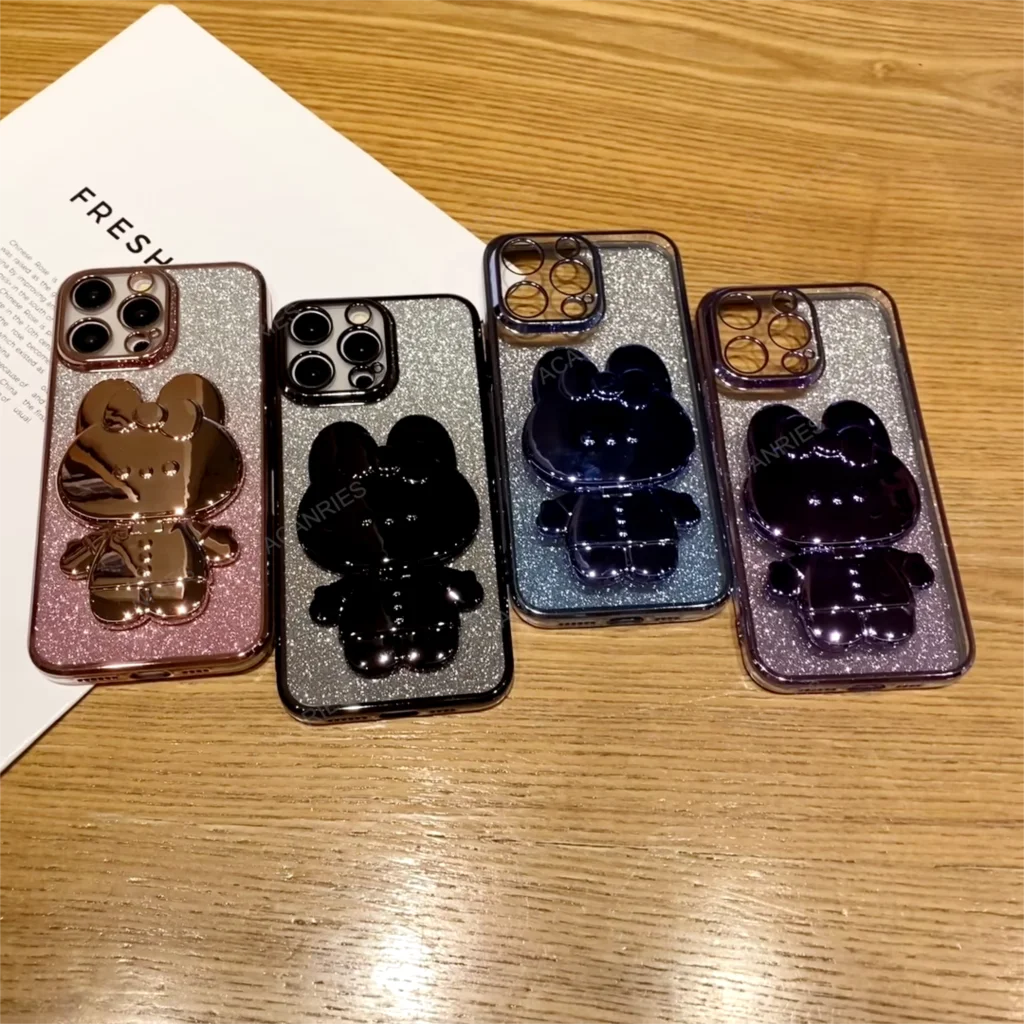 Cute 3D Rabbit Makeup Mirror Stand Plating Soft Phone Case - Protective Back Cover