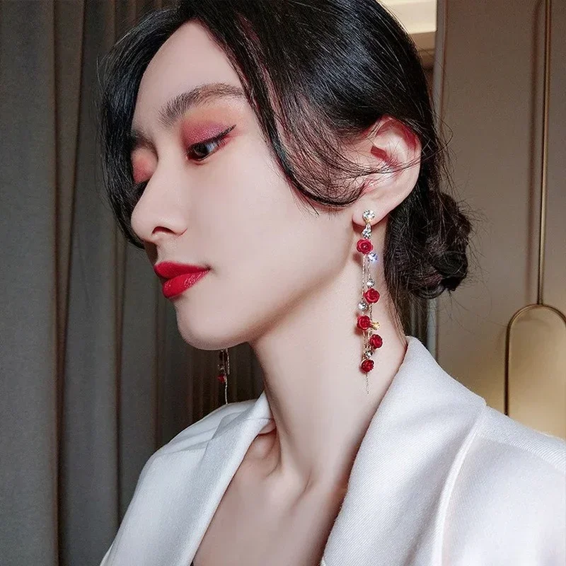 Rose Earrings Delysia King Women Trendy Versatile Alloy Rhinestone Long Tassels Elegant Temperament Eardrop dangle earrings drop earrings pendant earrings rose earrings long earrings crystal tassel earrings