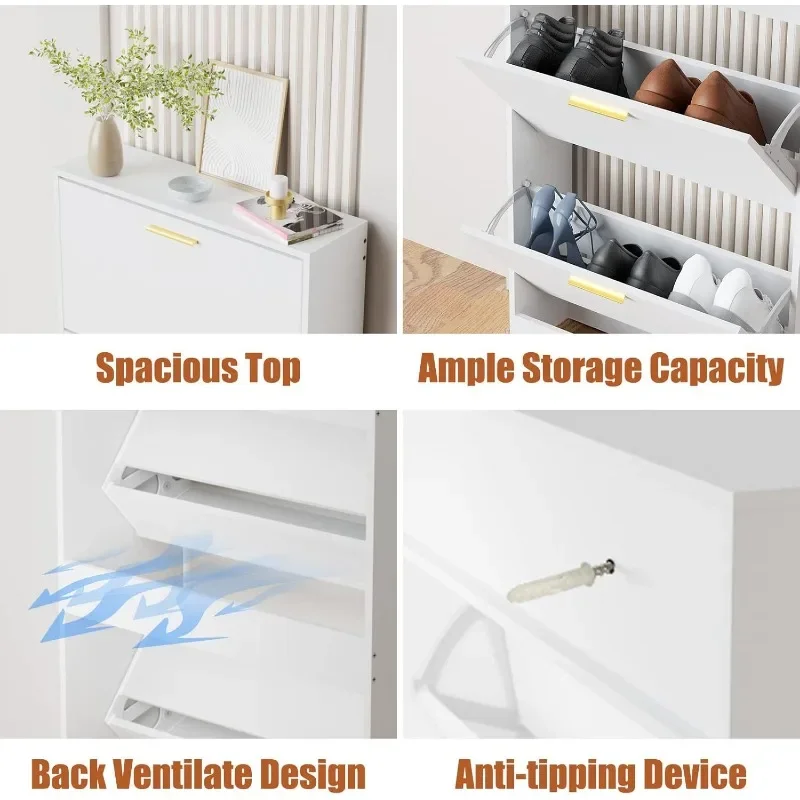 Shoe Cabinet Storage with 3 Flip Drawers for Entryway, White Slim Freestanding Modern Narrow Shoe Organizer Rack 4