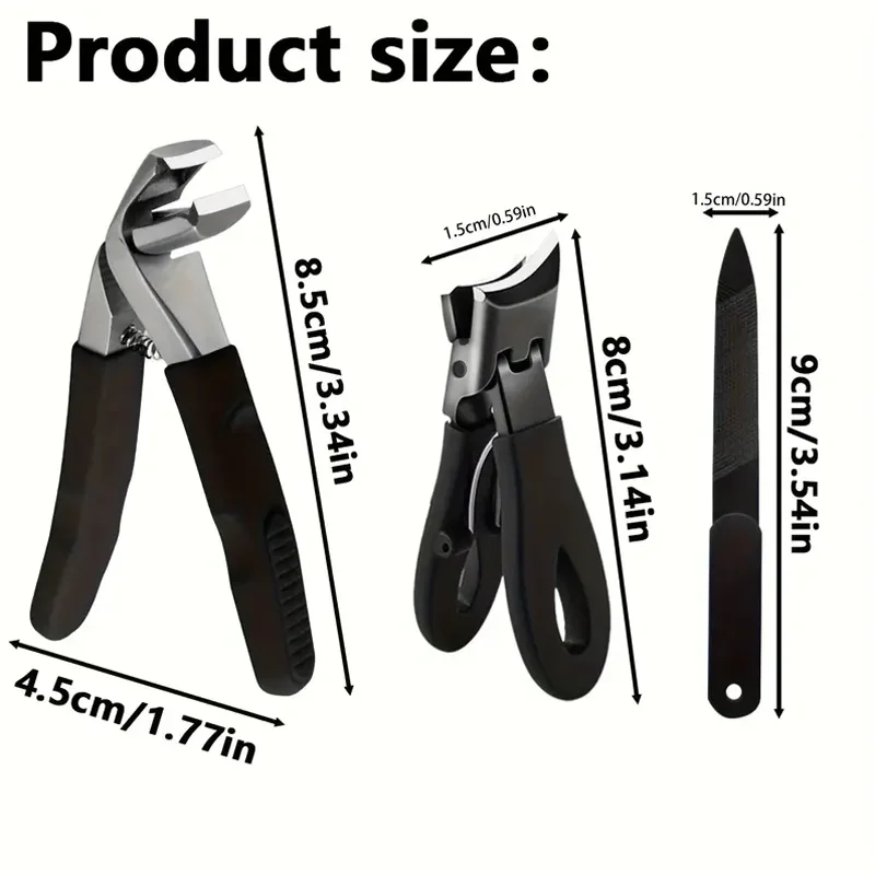 Nail Clipper Set 3PC stainless steel elbow non-slip rubber and plastic handle large opening single