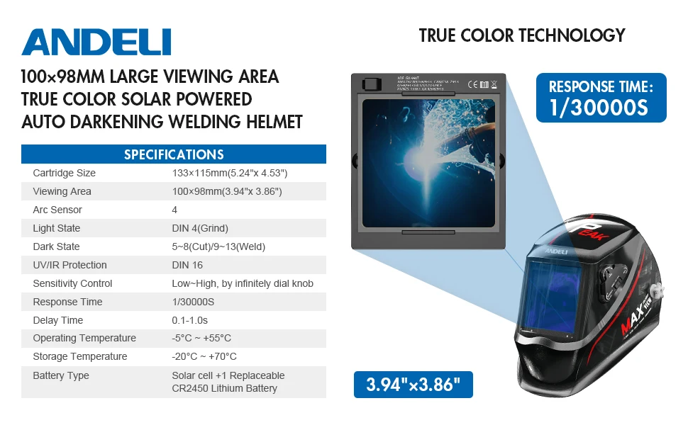 Mascara de soldadura ANDELI EAK-990T, gran vista oscurecimiento automático para soldadura de arco, corte de molienda