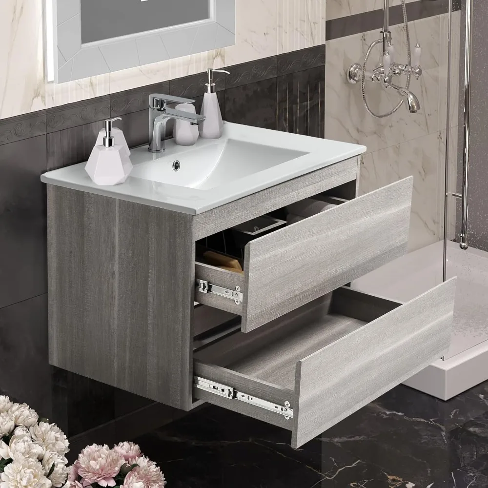 Bathroom Organizers, 30" Bathroom Vanity Wall Mounted Grey Floating Vanity Two Drawers Storage Cabinet With Ceramic Integrated S 6
