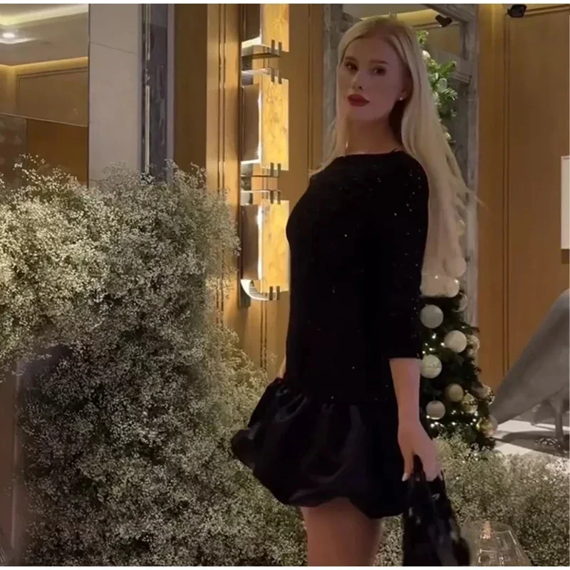 Vestido corto sexy con lentejuelas Y2K y volantes para mujer, elegante, sin espalda, cuello redondo, manga larga, negro, ajustado, para fiesta de otoño