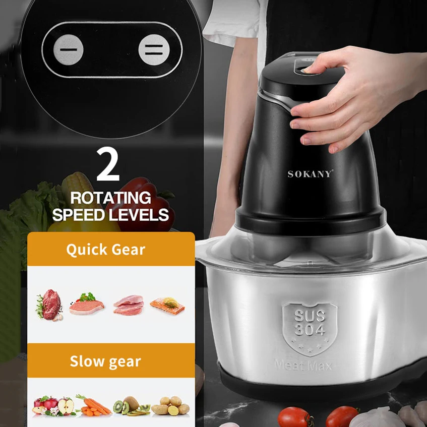 

Meat Grinder Stainless Steel Electric Food Chopper Cutting Vegetable Garlic Paste Machine 2L 2-Speed 400W Kitchen Blenders