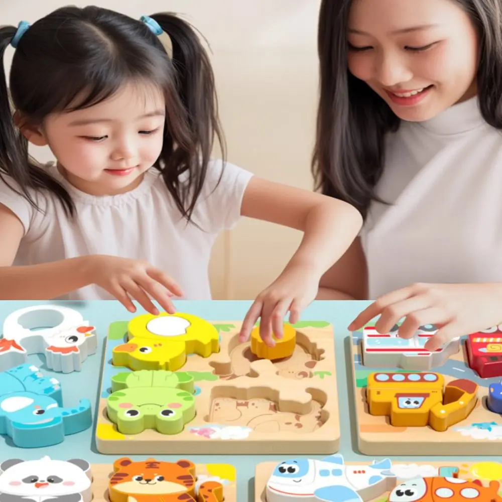 4-in-1 Wood Puzzle 3D Cartoon Animals Cognitive Jigsaw Puzzle Portable Safe Early Learning Puzzle Set Children Educational Toys