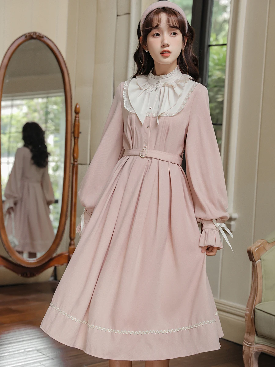 

2023 Gorgeous Pink Palace Women Party Dress Vintage Ruffled Long Flare Sleeve Elegant Vestido Autumn Chiffon Belt Bow Lady Dress