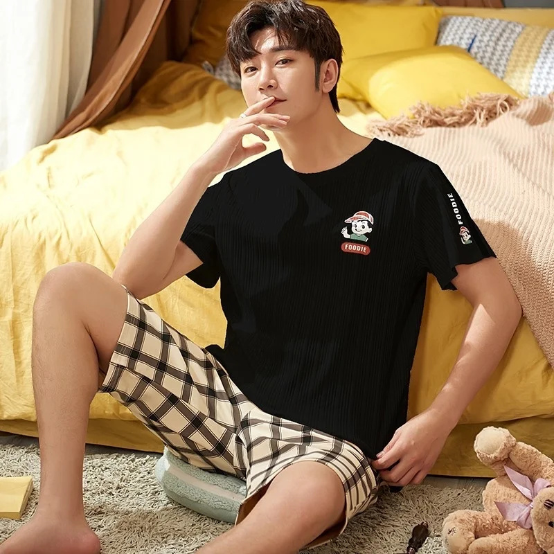 Pajamas Men's Summer Cotton Short Sleeve Shorts Casual Simple Loose Large  Round Neck Wear Home Suit