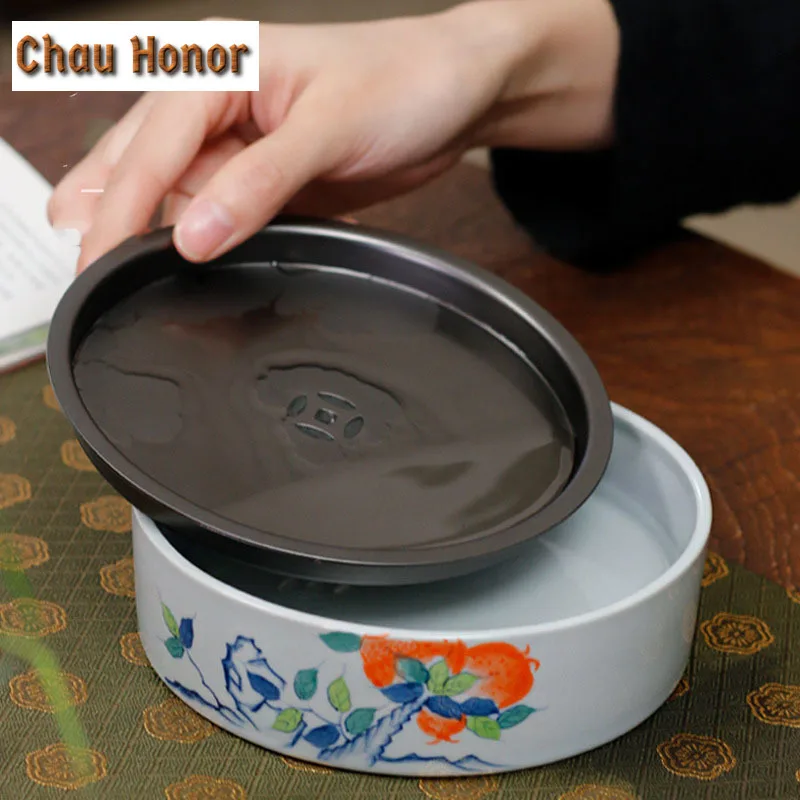 260ml Ceramic Pomegranate Pot With Metal Cover Handmade Drenching Pot Plate Kung Fu Small Plate Tea Residue Plate Accessories