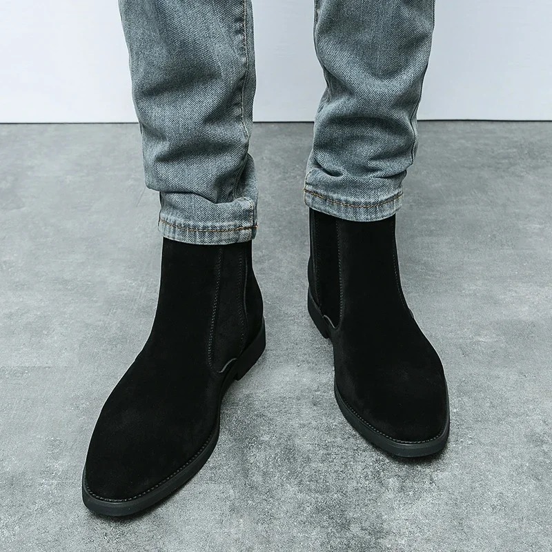 Men Fashion Chelsea Boots Reversed Fleece Leather High Top Side Zipper European and American Style Black Brown 38-46 Male Boots