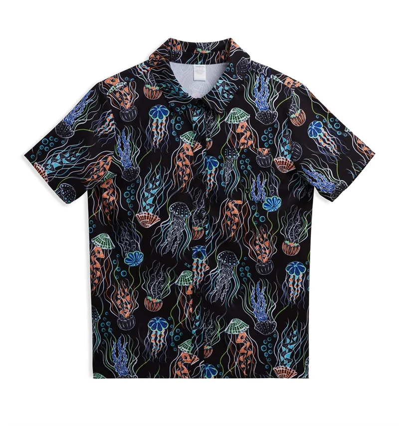 thumbnail image 1 of Camisetas de verano a la moda para hombre, con estampado 3D de medusas hawaianas, cómodas, informales, con botones, de manga corta, para playa, de gran tamaño, 1 of 5