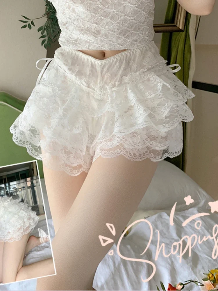 

Sexy Lace Trim Layered Ruffle Bloomers Shorts 2024 New Lolita Style Mid Waist Bow Knot Decor Frilly Panties Women Solid Shorts