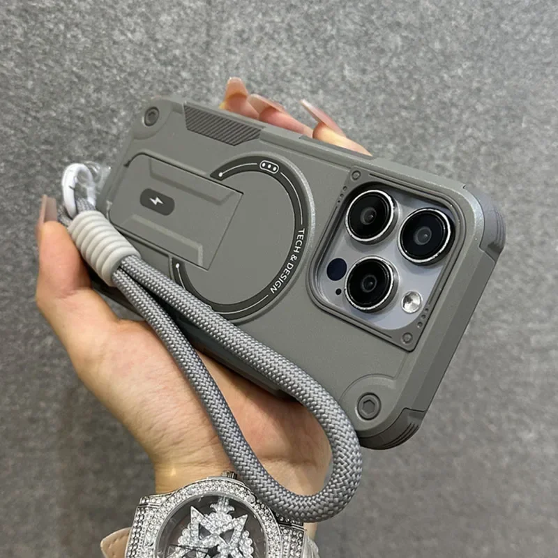 Pour Magsafe étui pour IPhone 17 16 14 13 11 12 15 Pro Max Plus magnétique sans fil charge dragonne support dur Anti-chute couverture