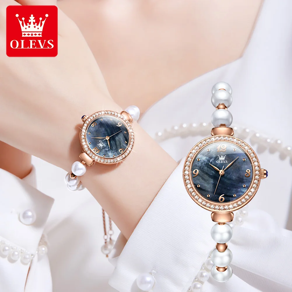 OLEVS-Relógio De Quartzo De Pulseira De Pérola De Luxo Feminino, Moda Impermeável, Relógios De Pulso De Diamante, Marca Top