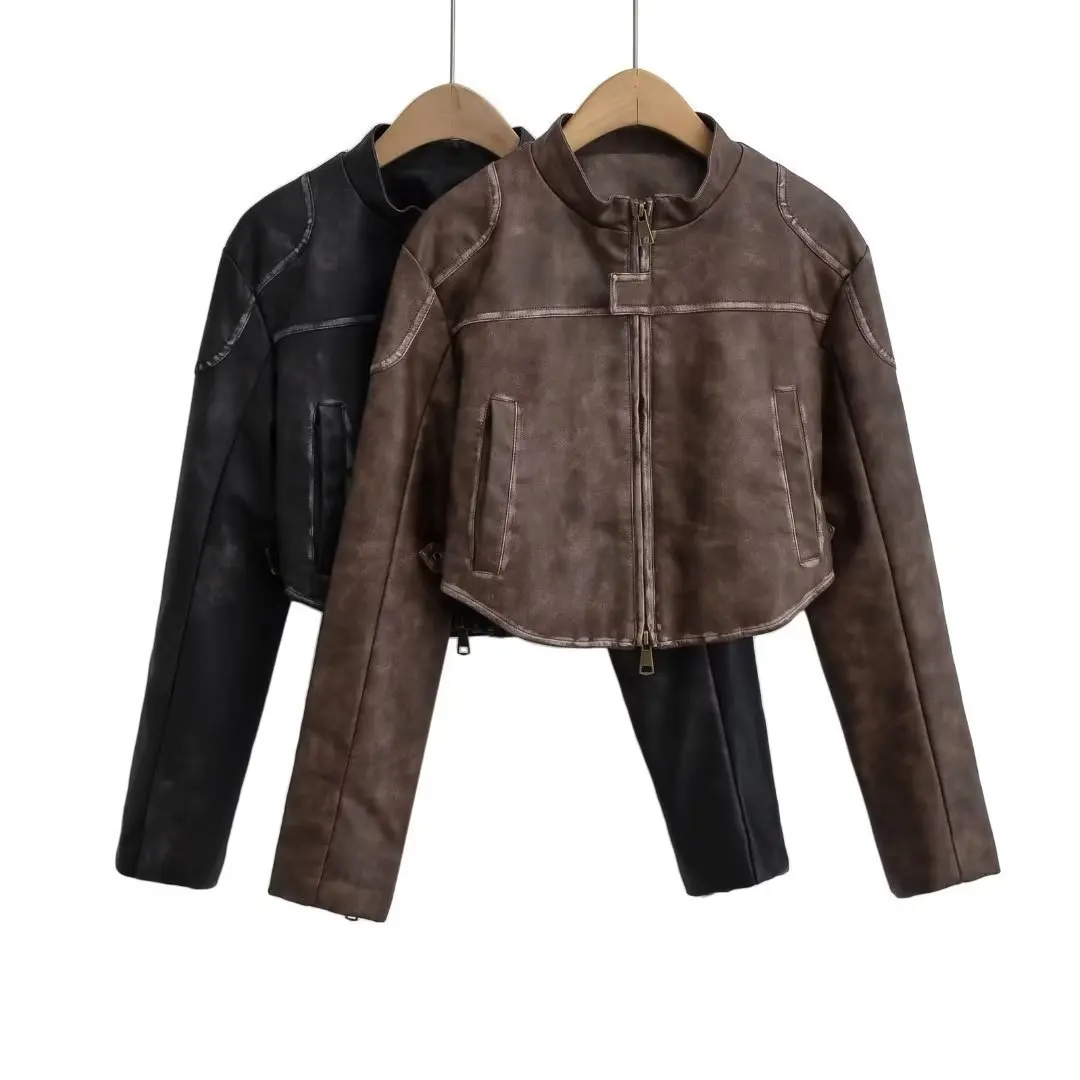 

Women Long Sleeve MOTO Bike Pu Faux Leather Maillard Brown Cropped Jacket