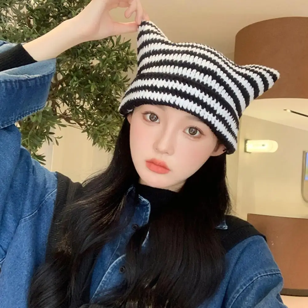 

Winter Outdoor Warm Knitting Hat for Women Cute Striped Cat Ear Cap No Brim Stretchy Headwear Wool Yarn Knitted Beanie Hat