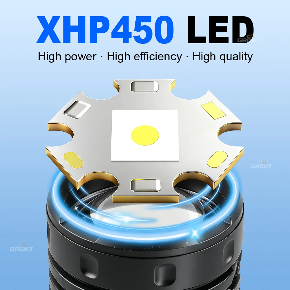 XHP 450 LED 슈퍼 밝은 손전등 USB 충전식 손전등 방수 줌 낚시 사냥 캠핑 전술 토치 랜턴