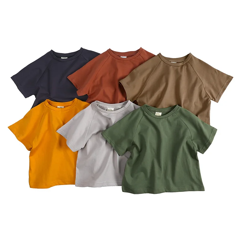 

Korean Kids Short Sleeve T-Shirt Summer Children's Solid Color Cotton Tops Boys Girls Round Neck Backed Casual Loose Clothes