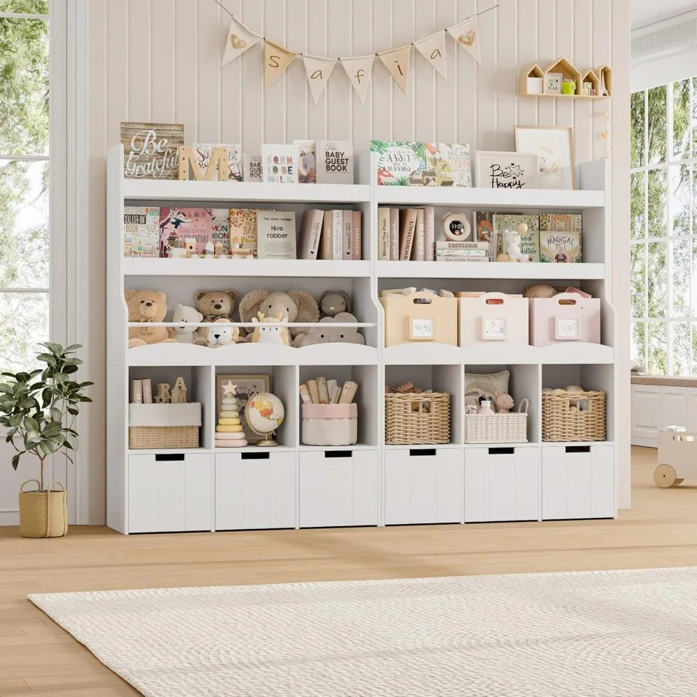 55.3" H Kids Bookshelf with Toy Storage Organizer, Tall Book Shelf with 3 Movable Toy Storage Bins, Large Kids Bookcase 3