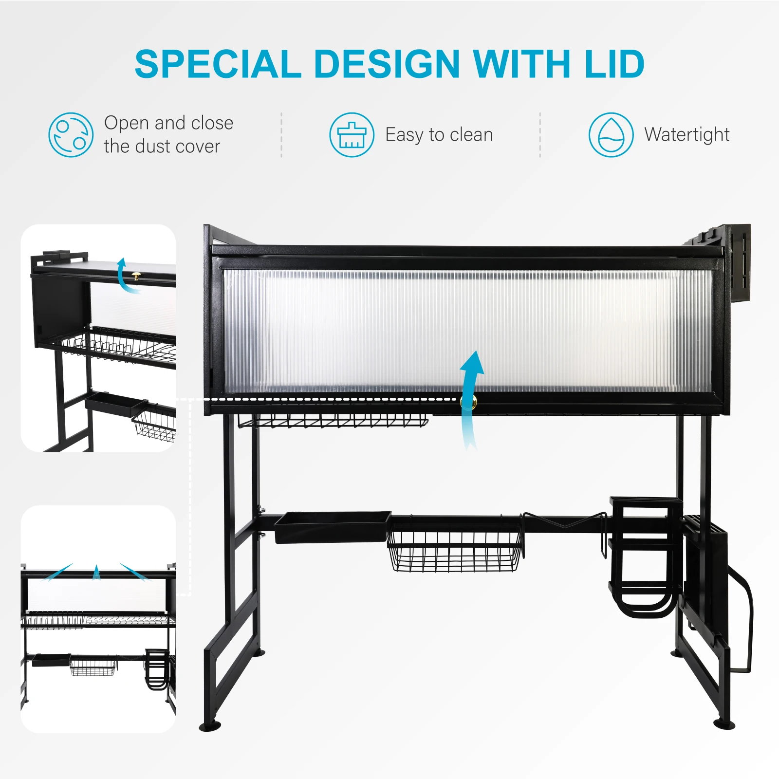 Küchenspüle, Regal, Haushalt, Geschirr, Abflussregal, Schwarz, Länge 85 cm, Luxus-Set, 2-stufige Aufbewahrungsbox – Detail 5