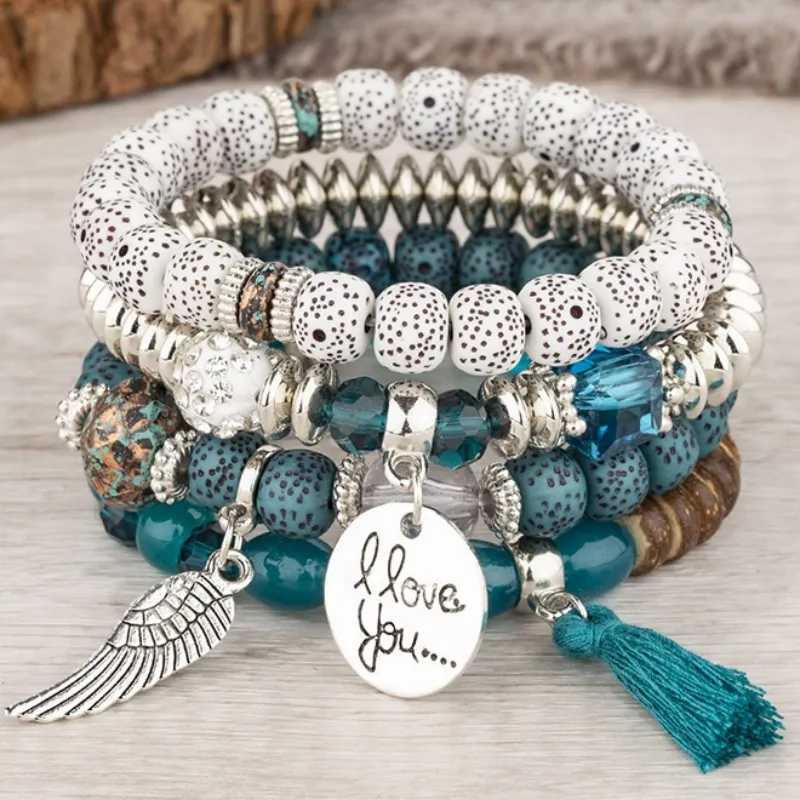 Bracciali Elasticizzati Per Donna – Set Di 4 Perline Cristallo Colorate – Verde, Nero, Viola, Blu – Gioiello Elegante E Stratificato