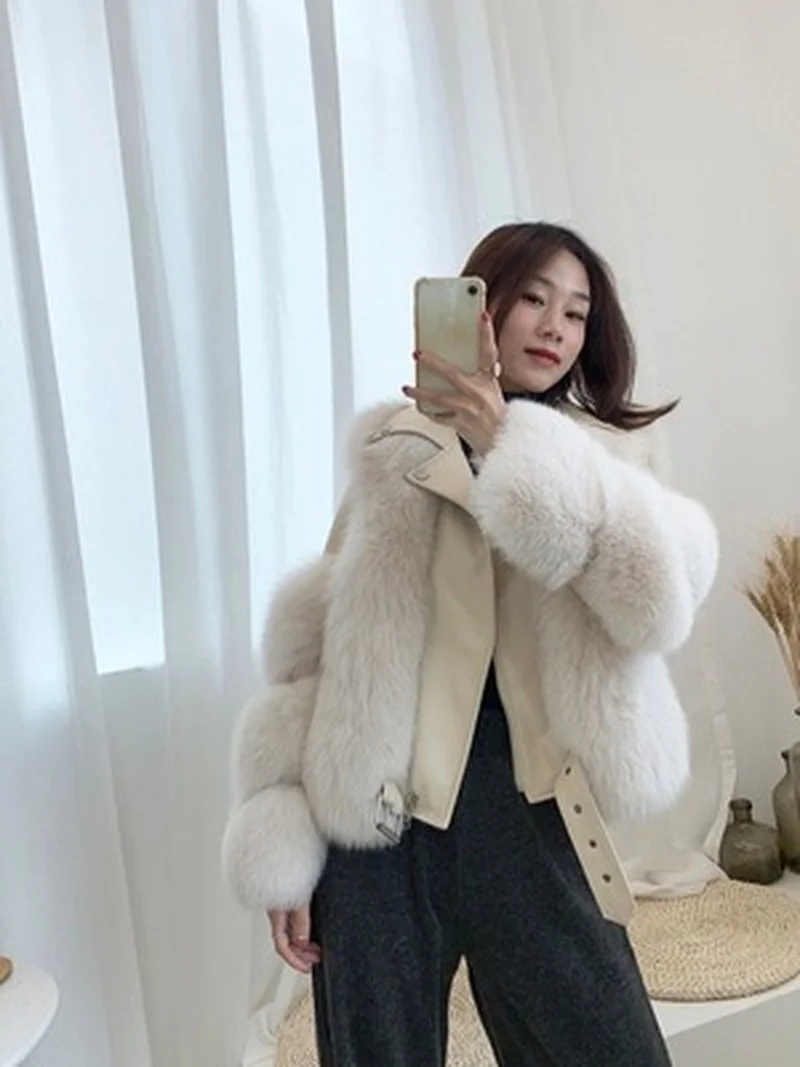 Fashionable warm short fox fur coat and sheepskin leather full fox fur motorcycle jacket luxury women's  winter new