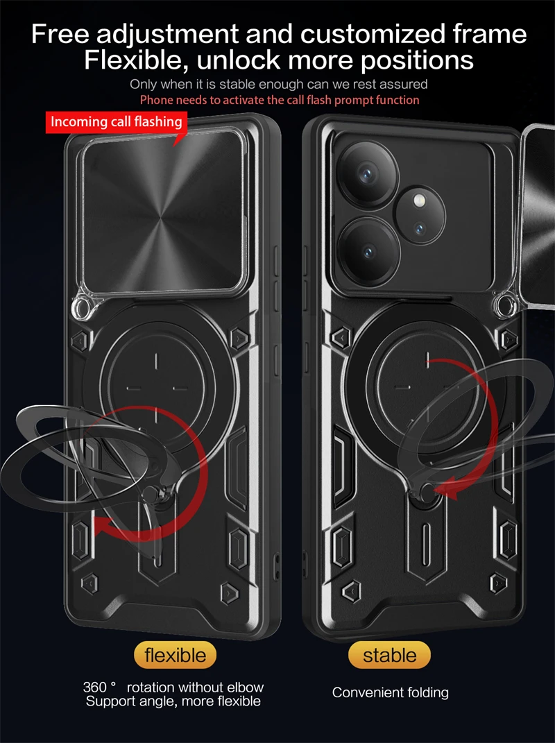 Enhanced Slide Lens Protect Phone Case with Armor Magnetic Holder and Ring Back Cover