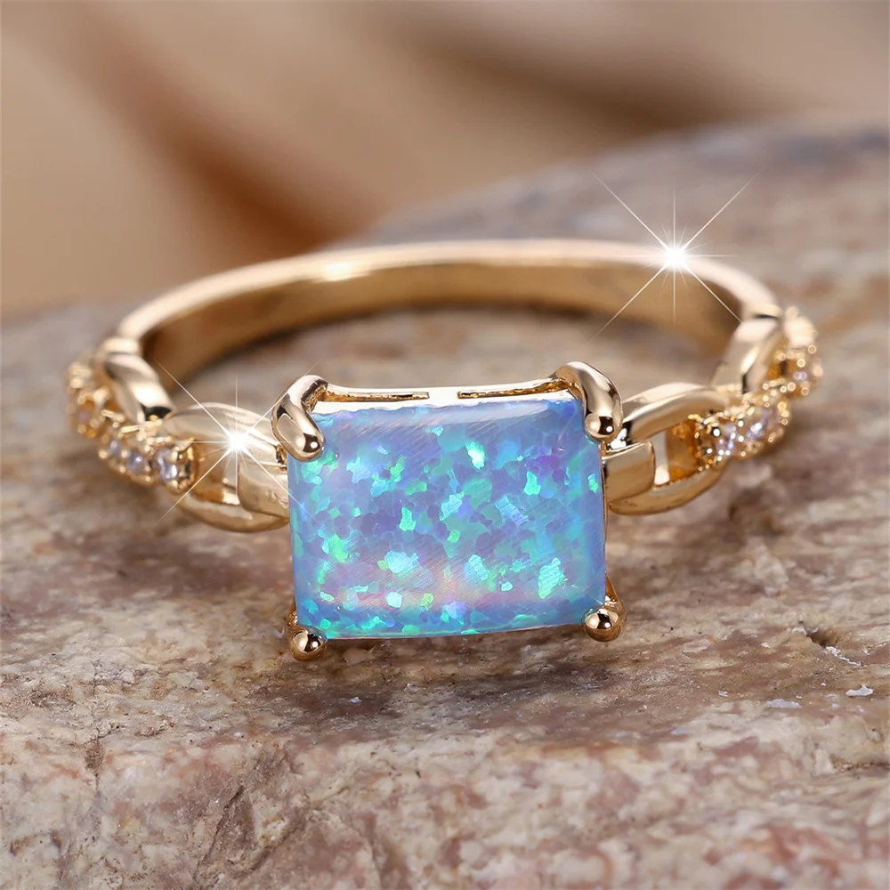 Square Stone Blue Fire Opal Engagement Rings For Women Vintage Gold Color White Zircon Wedding Band Birthstone Jewelry Gift