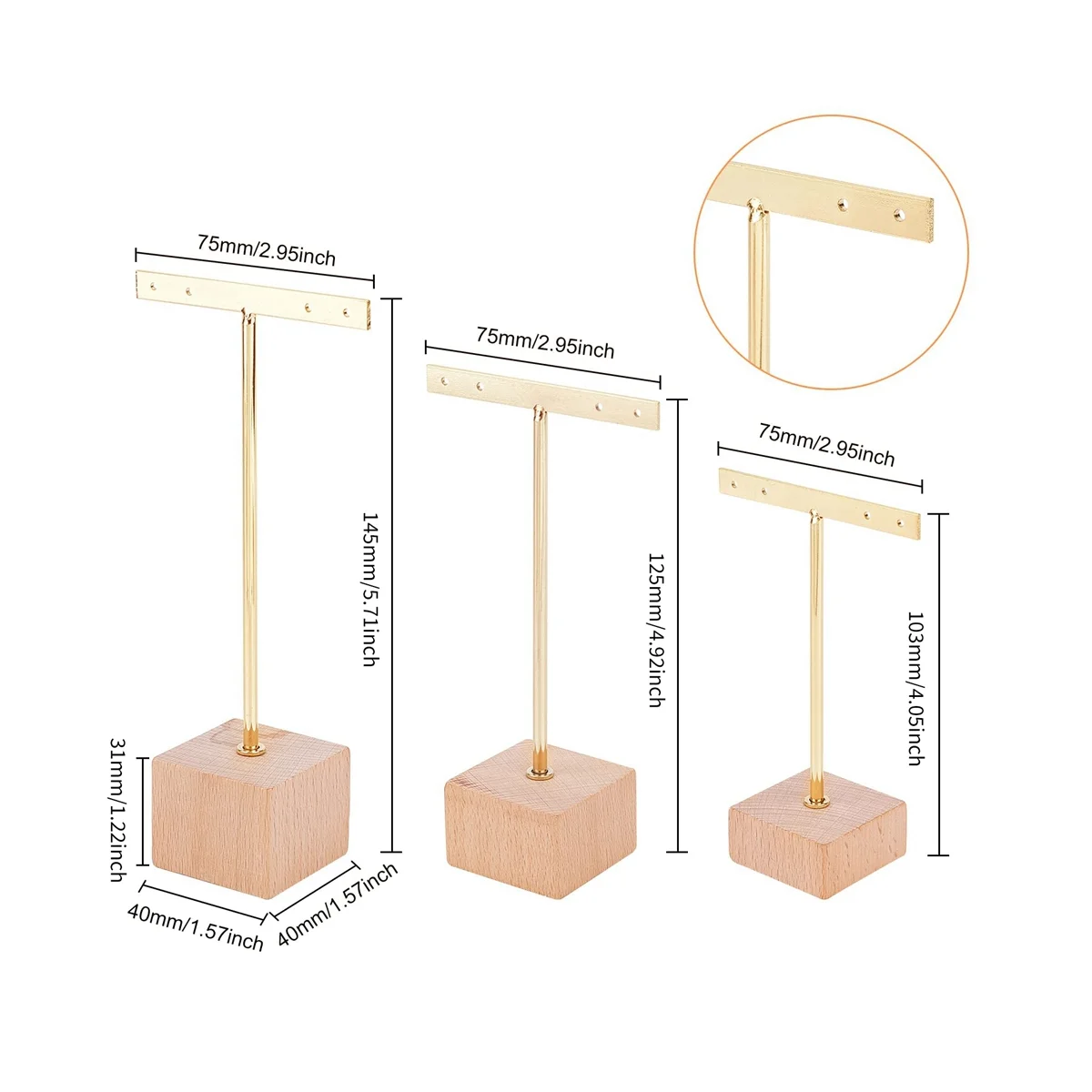 

3Pcs Gold Metal T Bar Earring Display Stand with Wooden Square Base 4 Holes Jewelry Holders Hanging Earring Organizer
