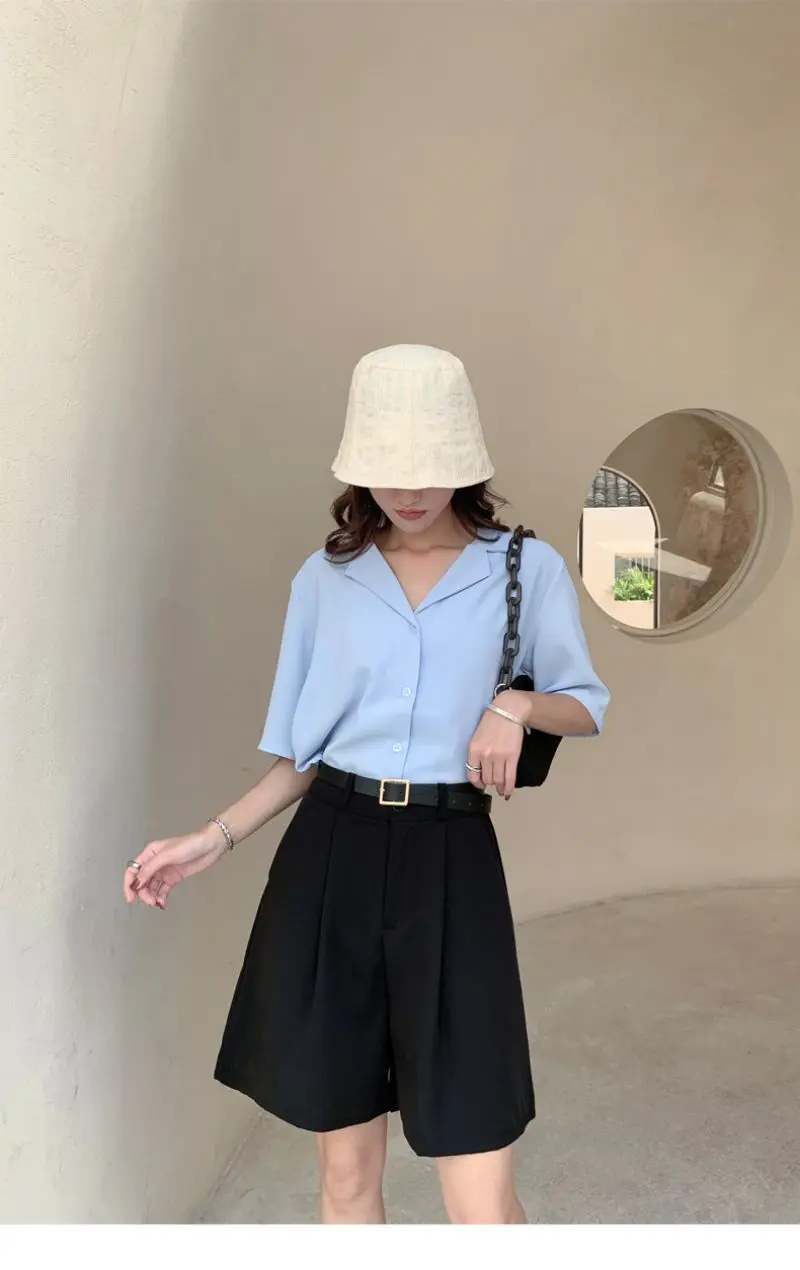 High Waist Straight Solid Blue Color Casual Suit Women's Shorts Clothing 2022 Summer Korean Style Shorts Woman Clothes dolphin shorts