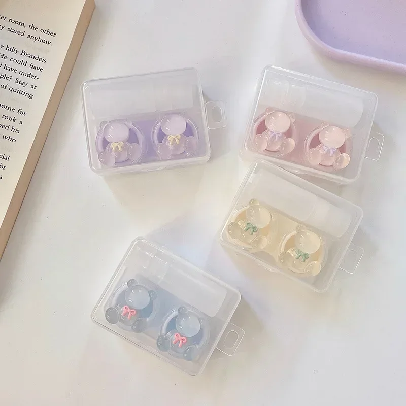 Bling PP Contact Lens Box Container with Tweezer Suction Stick Three-dimensional Crystal Bear Contact Lens Case for Girls