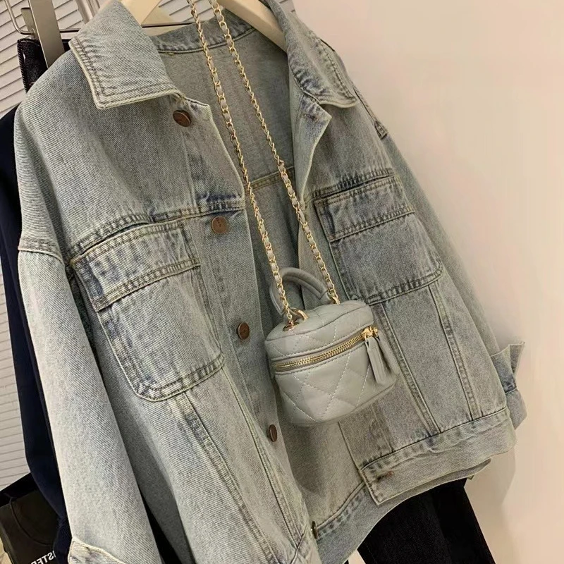 2023 Spring Autumn New French Light Blue Casual Denim Short Coat Chic Handsome Short POLO Collar Solid ColorJacket Cargo Top