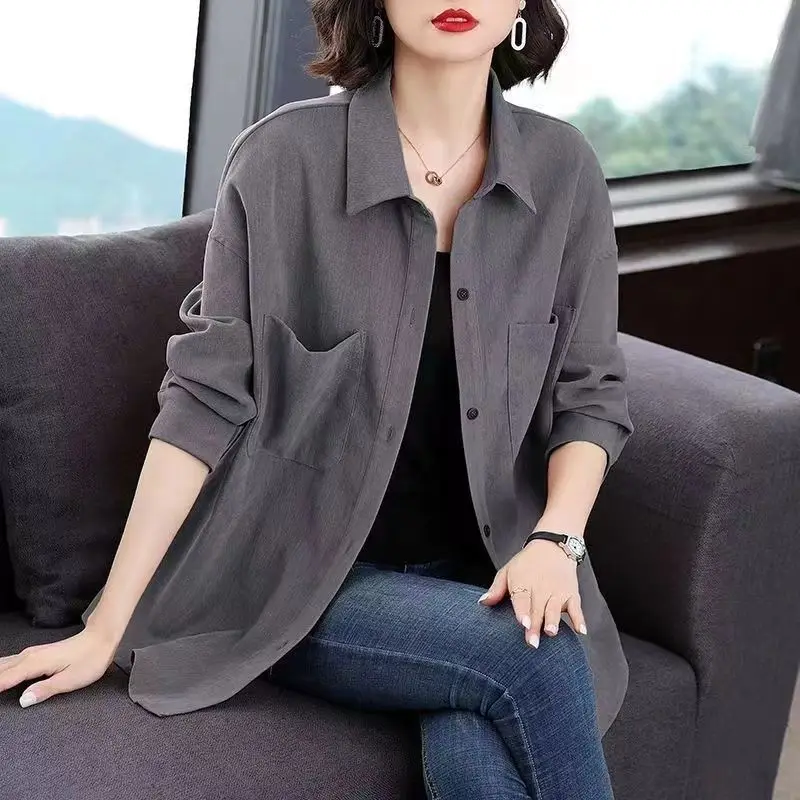 Autumn Winter Women's Turn-down Collar Button Solid Pocket Lantern Long Sleeve Cardigan Coat Fashion Office Lady Casual Tops