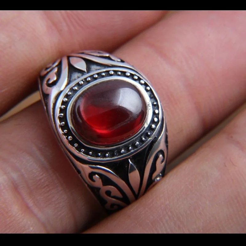Vintage Red Gem Floral Pattern Silver Ring - Adjustable Punk Gothic Unisex Jewelry