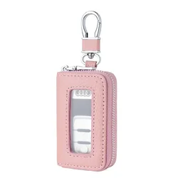 Deluxe PU Leather Car Key Case with Transparent Window and Zipper Holder - Stylish Universal Remote Protector (BE - Pink)