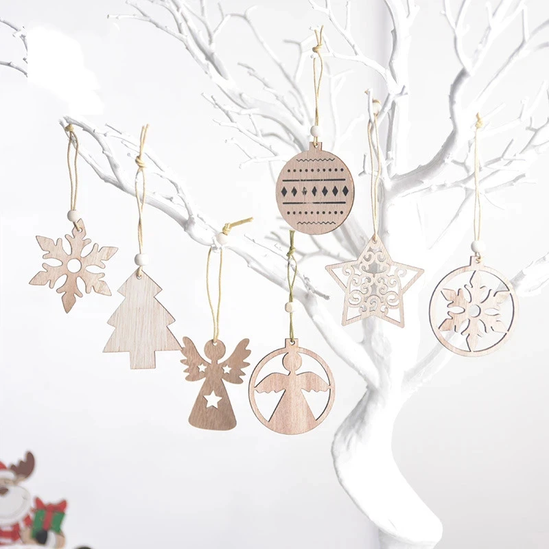 12Pcs Christmas Wooden Hollow Hanging Decoration Christmas Snowflake Elk Pentagram Hanging Decor Home Holiday Christmas Decor